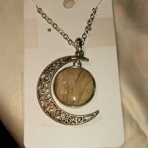 Silver Crescent Moon Pendant Necklace Handcrafted Nebraska River Rock